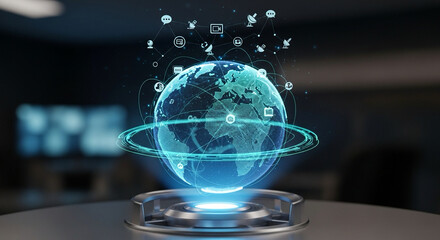 Earth hologram projected from device, global communication theme