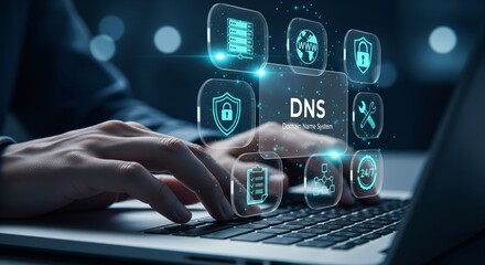 DNS Holographic Interface Over Laptop — Domain Name System Panel with Security Shield