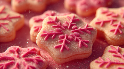 festive pink iced christmas cookies with sugar sprinkles in soft holiday bokeh macro view dessert background