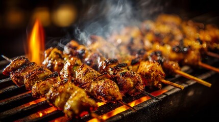 Juicy grilled chicken skewers on a smoky barbecue grill with charred vegetables and flames, perfect for outdoor cooking, summer bbqs, and gourmet grilling recipes