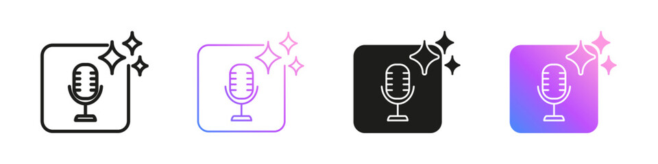AI Microphone Icons With Sparkles for Voice Recording and Podcasting. Artificial Intelligence Audio Generation Symbol Collection. Isolated Vector Illustration