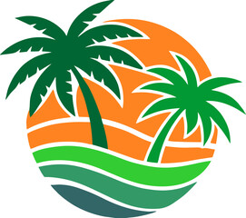 Circular Tropical Sunset and Palm Trees Vector Logo