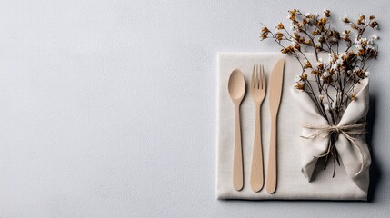 A minimalist arrangement of wooden cutlery and dried flowers on a napkin, suggesting a simple, natural dining setting.