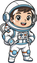 Obraz premium Cute cartoon boy astronaut in a white spacesuit standing with a smile. Vector illustration of a young kid space explorer
