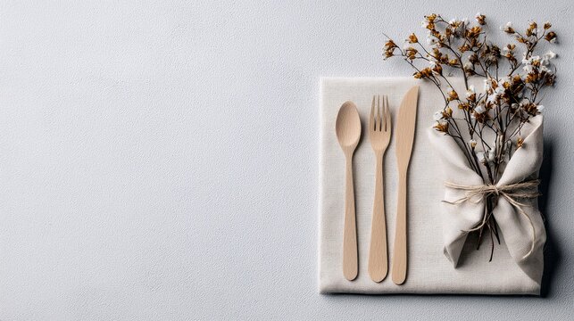 A minimalist arrangement of wooden cutlery and dried flowers on a napkin, suggesting a simple, natural dining setting. - Powered by Adobe