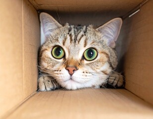 Curious Tabby Cat with Bright Green Eyes Peeking Out of a Cardboard Box