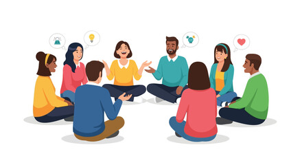 Diverse group of people sitting in a circle sharing ideas and positive emotions during a collaborative discussion