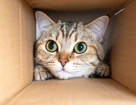 Curious Tabby Cat with Bright Green Eyes Peeking Out of a Cardboard Box
