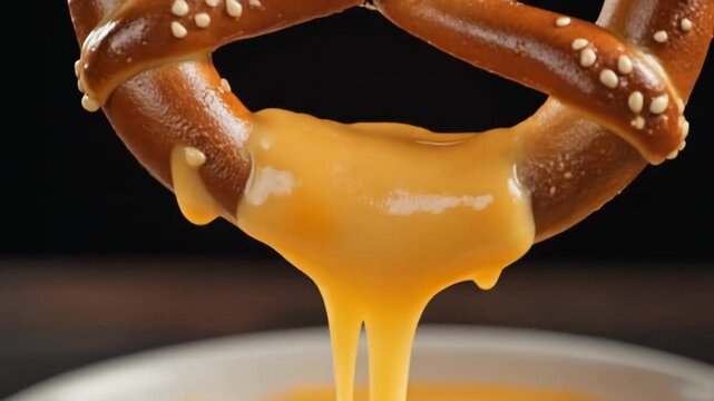 Delicious soft pretzel dipped in creamy cheese sauce, with a dark background highlighting the texture