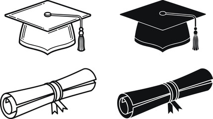 Graduation cap and diploma scroll vector illustration, academic education symbol, university achievement icon, ceremonial graduation elements design