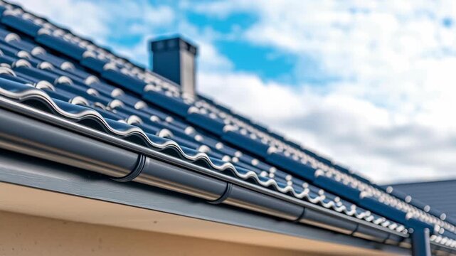 Modern roof metal tile blue gutter drainage system house exterior residential architecture weatherproof shiny finish clean lines sky view