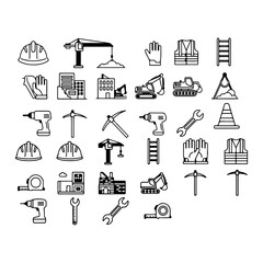 silhouettes pack of Minimalist Contruction line icons set with editable stroke, featuring helmet, crane, lader, safety vest, gloves, contruction site, excavator, pickaxe, drill, srench,