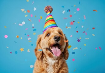 A happy golden retriever dog wearing a colorful striped party hat, with confetti falling around it against a bright blue background, celebrating a special occasion