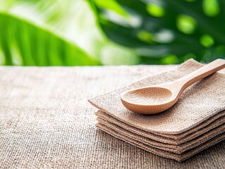 A wooden spoon is placed on a stack of burlap napkins, set against a soft-focus background of lush green leaves.