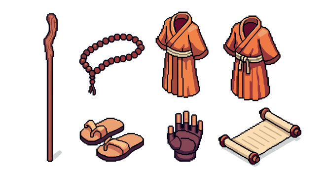 Pixel art set of fantasy monk character equipment, including an orange robe, wooden staff, prayer beads, and ancient scroll, isolated for a video game