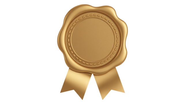 Elegant golden seal with ribbons symbolizes achievement, authority, luxury, and premium quality assurance