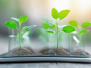 Young green plants sprout from soil mounds placed on a smartphone screen, with a soft, blurred background.