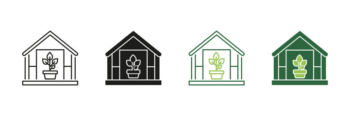 Greenhouse With Potted Plant Line And Solid Icon Set. Indoor Gardening, Plant Cultivation, And Sustainable Agriculture Symbol Collection. Eco-Friendly Horticulture. Isolated Vector Illustration