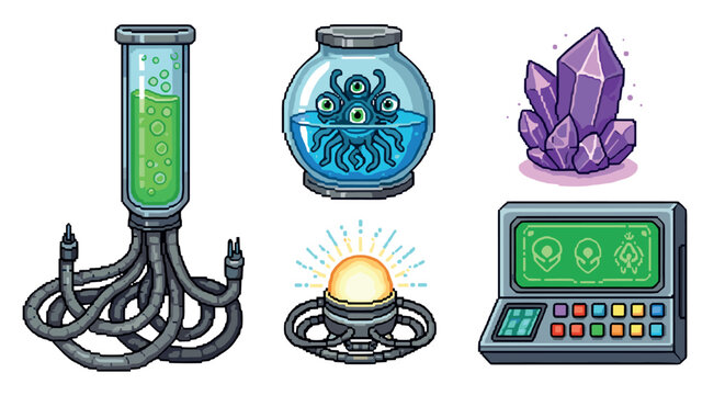 Collection of science fiction pixel art icons featuring an alien in a jar, a cloning tank, a crystal, an energy core, and a retro computer console isolated