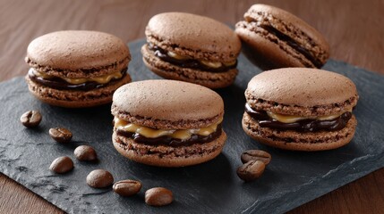 Chocolate and caramel macarons with coffee beans on slate platter