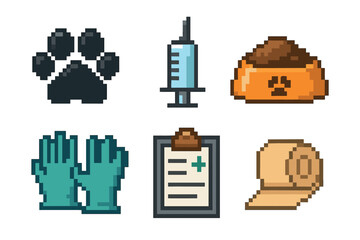 Set of pixel art icons representing veterinary medicine and pet care, including a paw print, syringe, food bowl, gloves, medical chart, and bandage, isolated