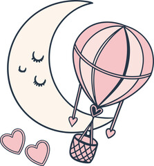 Cartoon moon and hot air balloon with hearts. cute concept.  (60)