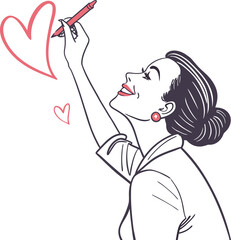 Woman drawing a heart with a red pencil, vector illustration (60)