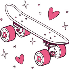 Outline illustration of skateboard with hearts and stars - 60