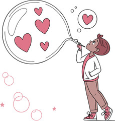 Boy blowing bubble filled with hearts, love concept - 60 chars
