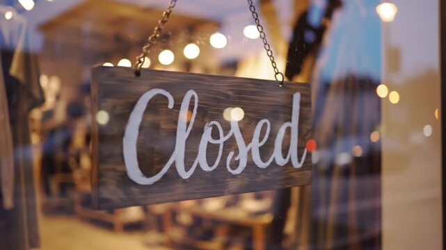 Closed sign hanging in store window during evening hours  