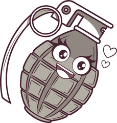 Cartoon hand grenade with cute face and heart. isolated. (60)