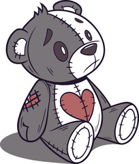Cartoon illustration of a gray patched teddy bear with a heart (60)