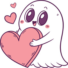 Cute ghost holding a pink heart cartoon vector illustration. (60)