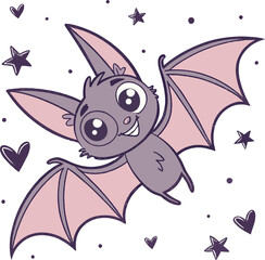 Cute cartoon bat flying with stars and hearts - vector (60)