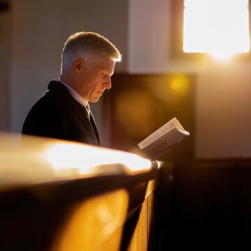 Elderly Man Reading Bible in Pew