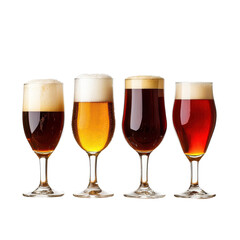 Five distinct beers in glasses arranged on a wooden stand, highlighting their diverse colors and styles, isolated on transparent background
