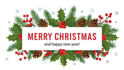 Christmas Botanical Greeting Card with Evergreen, Holly, Pine Cones and Snowflakes on Teal Background