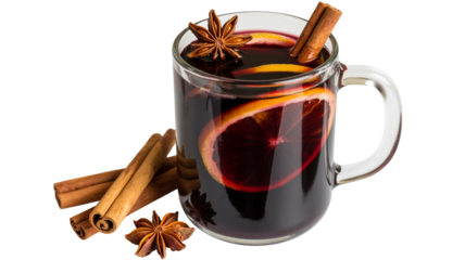 Warm mulled wine with cinnamon and orange slices for cozy winter evenings and..