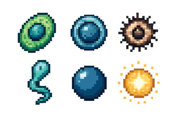 Collection of pixel art icons representing various biological cells, including a spermatozoon, ovum, and virus, isolated for a retro video game or science concept
