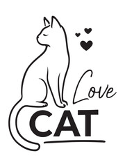 Silhouette black of sitting cat with hearts and the word love nearby showcasing feline affection