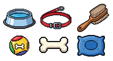 Set of six pixelated dog care accessories including a water bowl, red collar, grooming brush, toy ball, chew bone, and blue pillow, designed in a retro 8-bit video game style