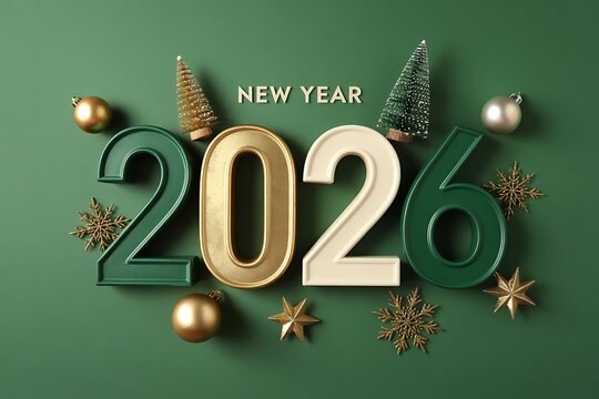 Festive 2026 new year celebration with ornaments and christmas trees on green background