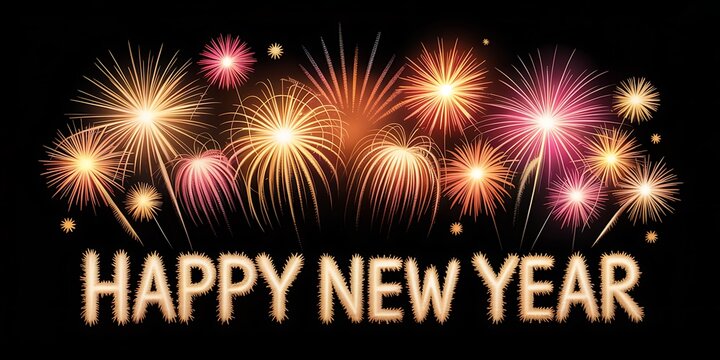 Happy new year wishes with fireworks display on black background for 2024 celebration - Powered by Adobe
