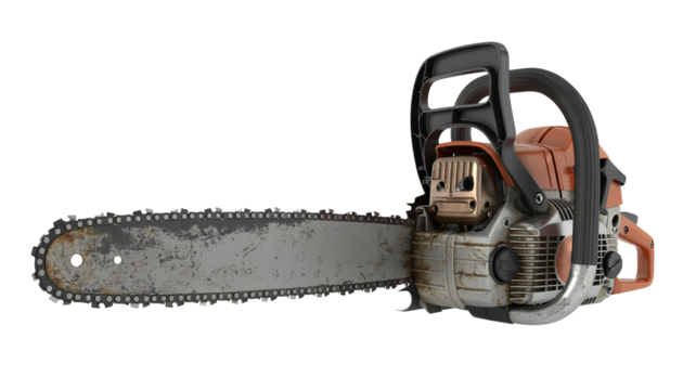 Powerful chainsaw ready for tough jobs like cutting trees and clearing brush with its sharp, heavy duty blade