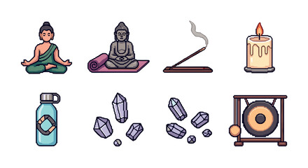 Collection of retro pixel art icons for meditation and spiritual wellness, featuring a yogi in lotus pose, a deity statue, incense, a candle, healing crystals, and a gong
