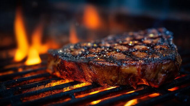 Red beef steak freshly grilled on hot charcoal bbq with perfect sear marks, tender and flavorful summer barbecue meat for outdoor cooking and gourmet dining - Powered by Adobe
