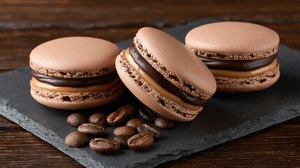 Delicious coffee flavored macarons with rich chocolate filling on slate