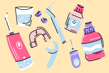 A dental hygiene kit. Water flosser, disclosing tablets, toothbrushes, mouthguard and mouth rinse
