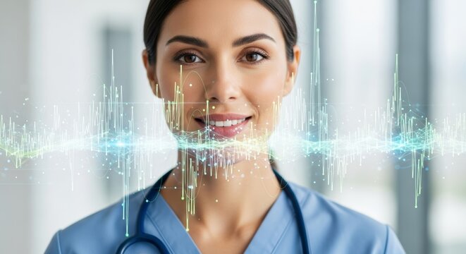 Smiling Healthcare Professional with Digital Voice Analysis Overlay Demonstrating AI Integration in Modern Medical Technology and Patient Monitoring