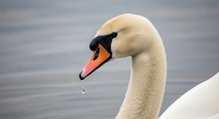 Close up of a white swan with water droplet falling from beak bird